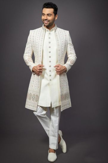 Silk Fabric Designer Wedding Wear Readymade Indo Western For Men In Beige Color