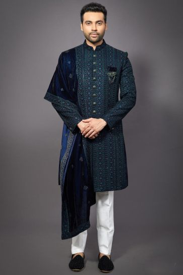 Teal Color Designer Silk Fabric Wedding Wear Readymade Groom Sherwani For Men