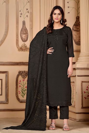 Exclusive Embroidered Work On Black Color Salwar Suit In Art Silk Fabric