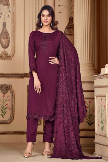 Purple Color Exquisite Embroidered Salwar Suit In Art Silk Fabric