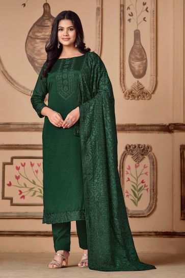 Attractive Art Silk Fabric Green Color Salwar Suit With Embroidered Work