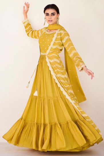Embroidered Yellow Color Wedding Wear Readymade Long Anarkali Style Gown In Chinon Silk Fabric