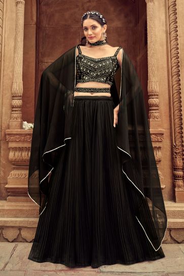 Black Sequin Embroidered Printed Lehenga Set With Blouse And Dupatta -  Hijab Online