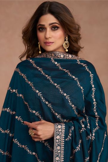 Shamita Shetty Art Silk Fabric Teal Color Riveting Readymade Anarkali Suit