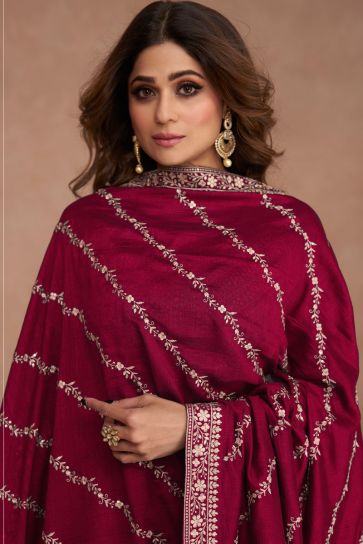 Shamita Shetty Art Silk Fabric Rani Color Excellent Readymade Anarkali Suit