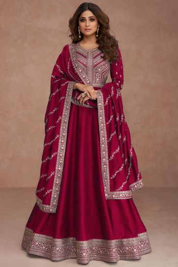 Shamita Shetty Art Silk Fabric Rani Color Excellent Readymade Anarkali Suit