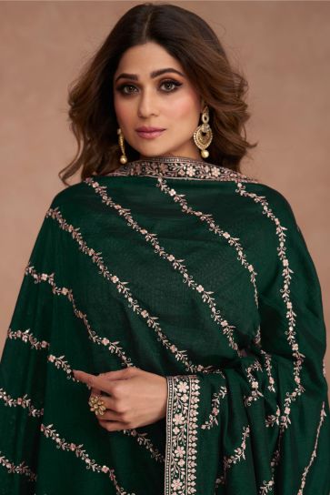 Shamita Shetty Dark Green Color Art Silk Fabric Special Readymade Anarkali Suit