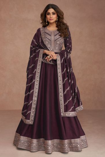 Shamita Shetty Art Silk Fabric Wine Color Pleasance Readymade Anarkali Suit