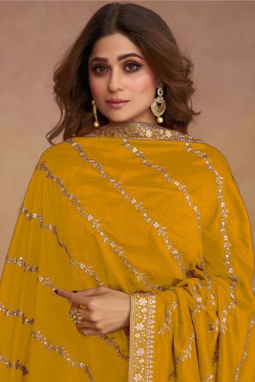 Shamita Shetty Art Silk Fabric Bewitching Readymade Anarkali Suit In Yellow Color