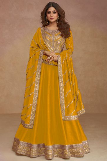 Shamita Shetty Art Silk Fabric Bewitching Readymade Anarkali Suit In Yellow Color