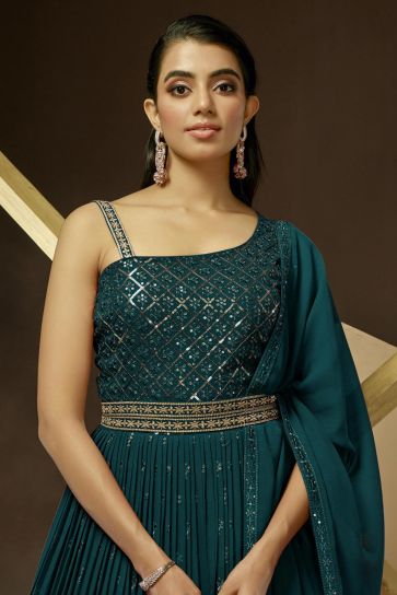 Georgette Fabric Teal Party Wear Gown With Dupatta