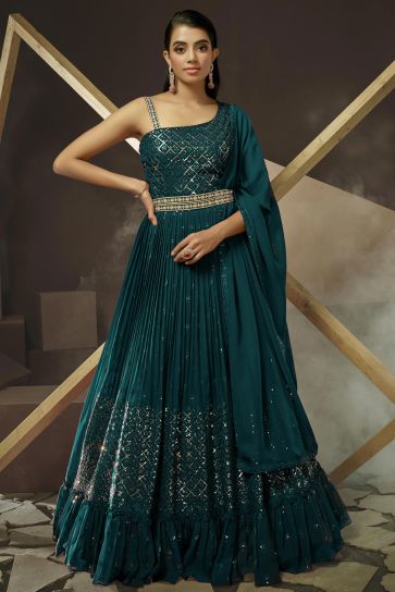 Georgette Fabric Teal Party Wear Gown With Dupatta