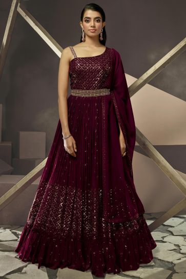 Albescent Magenta Color Embroidered Readymade Party Style Gown With Dupatta