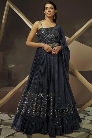 Soft Embroidered Grey Color Readymade Party Style Gown With Dupatta