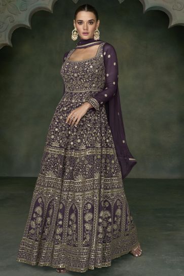 Georgette Fabric Purple Embroidered Readymade Long Anarkali Style Gown With Dupatta