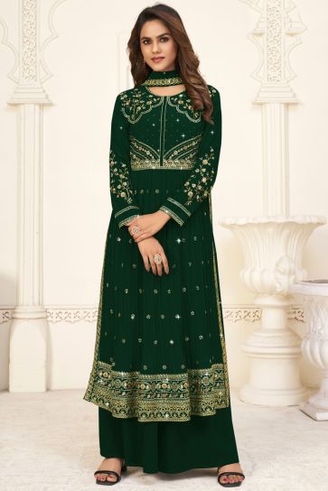 Fabulous Georgette Fabric Dark Green Color Palazzo Suit