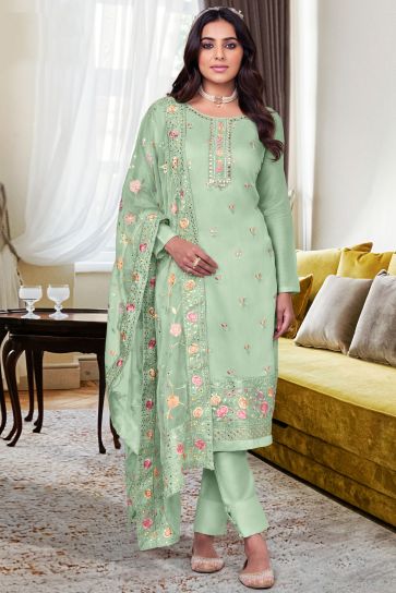 Ginni Kapoor Festive Wear Sea Green Color Viscose Silk Alluring Salwar Suit