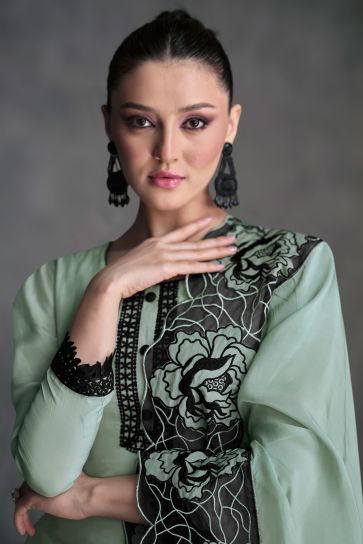 Charming Sea Green Color Organza Fabric Readymade Salwar Suit 
