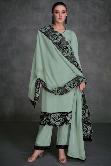 Charming Sea Green Color Organza Fabric Readymade Salwar Suit 