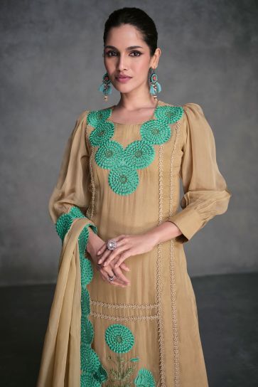Vartika Singh Excellent Organza Fabric Beige Color Readymade Salwar Suit