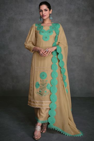 Vartika Singh Excellent Organza Fabric Beige Color Readymade Salwar Suit