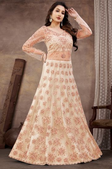 Function Look Amazing Net Fabric Sharara Top Lehenga In Off White Color