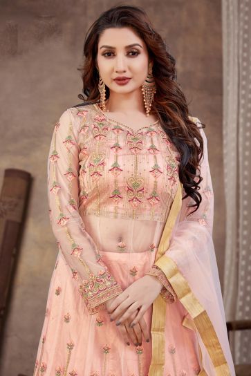 Net Fabric Peach Color Embroidered Elegant Anarkali Suit