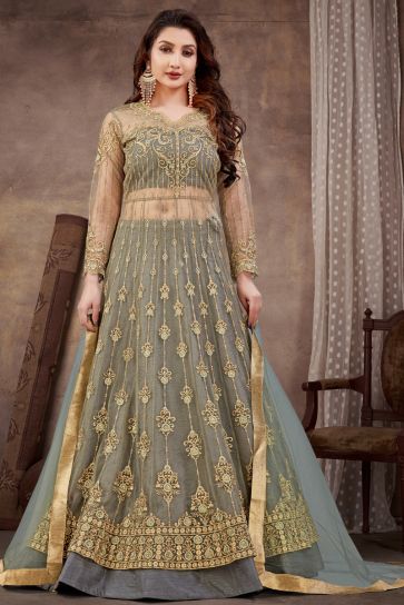 Grey Color Net Fabric Embroidered Classic Anarkali Suit