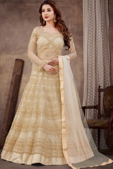 Net Fabric Off White Color Embroidered Winsome Anarkali Suit