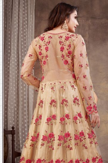 Cream Color Net Fabric Embroidered Tempting Anarkali Suit
