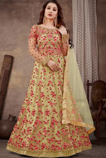 Net Fabric Embroidered Beatific Anarkali Suit In Beige Color