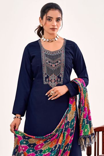 Blue Color Rayon Fabric Casual Tempting Salwar Suit
