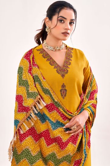 Rayon Fabric Casual Beatific Salwar Suit In Yellow Color