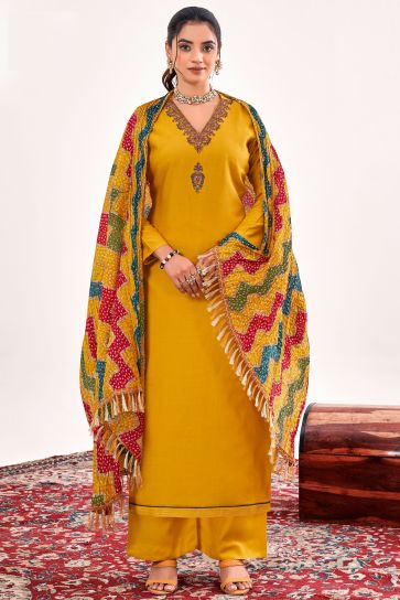 Rayon Fabric Casual Beatific Salwar Suit In Yellow Color