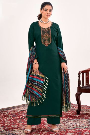 Casual Dark Green Color Inventive Salwar Suit In Rayon Fabric