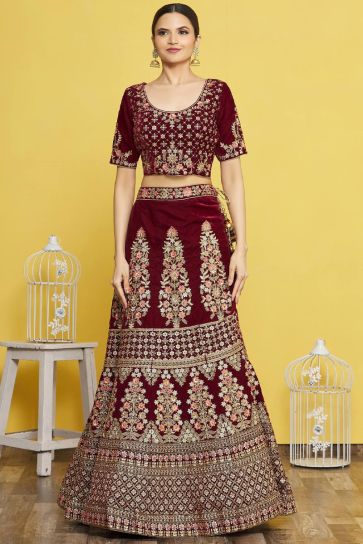 Velvet Fabric Maroon Color Magnificent Embroidered Bridal Lehenga