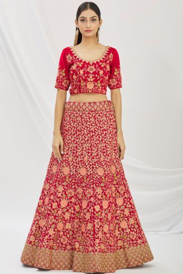 Red Color Velvet Fabric Charismatic Embroidered Bridal Lehenga