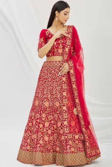 Red Color Velvet Fabric Charismatic Embroidered Bridal Lehenga