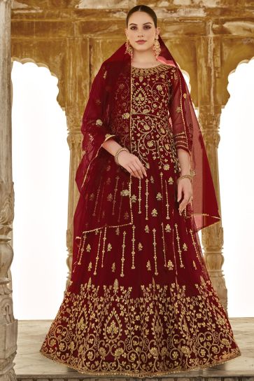 Radiant Maroon Color Net Fabric Wedding Wear Anarkali Suit