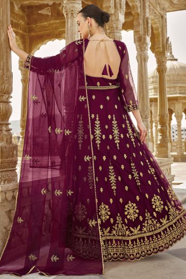 Net Fabric Purple Color Glamorous Wedding Wear Anarkali Suit