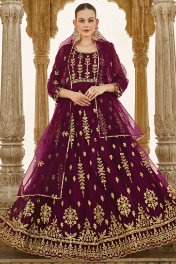 Net Fabric Purple Color Glamorous Wedding Wear Anarkali Suit