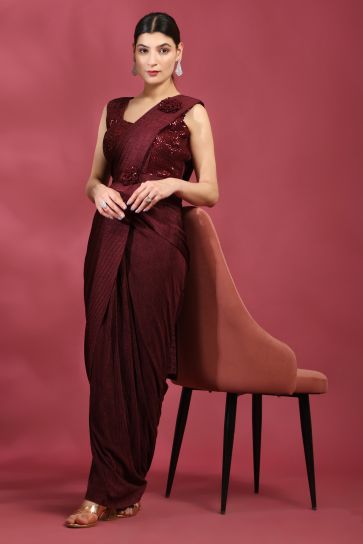 Imposing Crush Lycra Ready To Wear Saree In Maroon Color