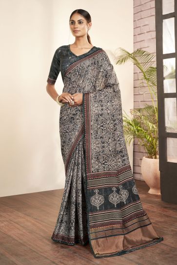Printed Work On Gajji Silk Fabric Bewitching Saree In Grey Color
