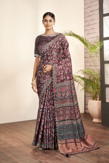 Gajji Silk Fabric Purple Color Riveting Saree With Printed Work