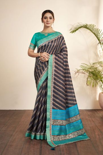 Bhagalpuri Silk Fabric Navy Blue Color Excellent Saree With Printed Work