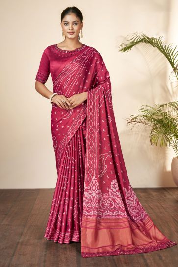 Printed Work On Pink Color Gajji Silk Fabric Princely Saree