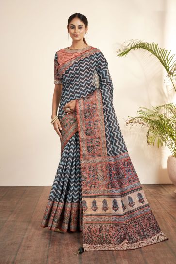 Bhagalpuri Silk Fabric Blue Color Patterned Saree With Printed Work