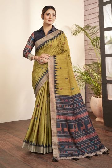 Olive Color Bhagalpuri Silk Fabric Engaging Saree With Printed Work
