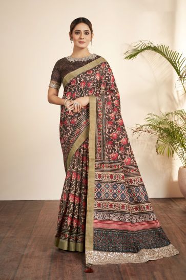 Printed Work On Brown Color Sober Saree In Bhagalpuri Silk Fabric