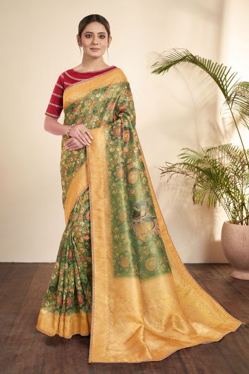 Excellent Tissue Fabric Green Color Saree With Printed Work